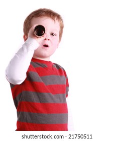 Happy 4 Year Old Boy Looks Through Cardboard Telescope