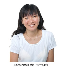 Happy 40s Asian woman on white background