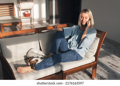 Happy 40s Woman Talking On Mobile Phone, Making Call From Home, Speaking To Family On Smartphone, Smiling. Middle Aged Mature Lady Consulting Doctor On Cellphone, Making Order
