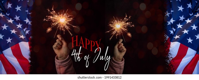 Happy 4th Of July - Independence Day Party Festive Celebration USA Background Banner Panorama Template Greeting Card - Waving American Flag And Girl With Sparkling Sparklers In Her Hands