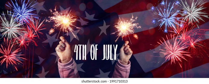 Happy 4th Of July - Independence Day Party Festive Celebration USA Background Banner Panorama Template Greeting Card - Waving American Flag, Blue White Red Firework And Girl With Sparklers In Her Hand