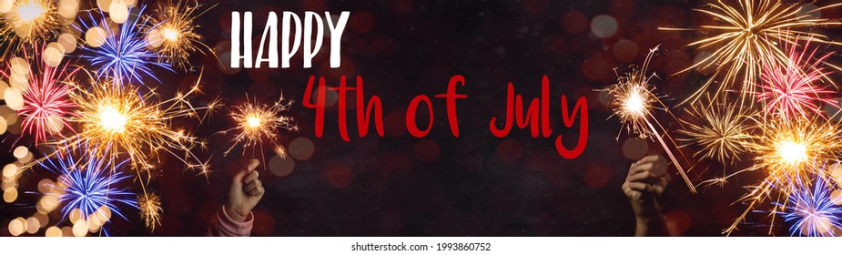 Happy 4th Of July - Independence Day USA Background Banner Panorama Template Greeting Card - Festive Firework Party And Children With Sparkling Sparklers In Her Hands