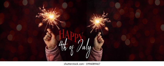 Happy 4th Of July - Independence Day Party Festive Celebration USA Background Banner Panorama Template Greeting Card - Young Girl With Sparkling Sparklers In Her Hands And Red Bokeh Lights