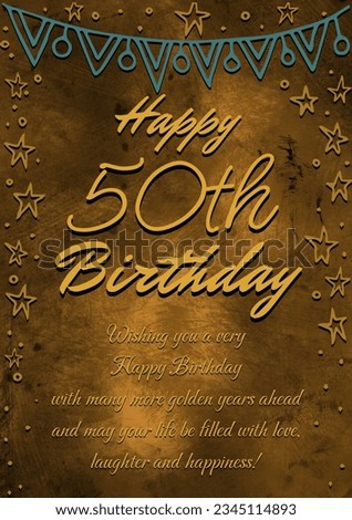 Happy 50 birthday text with bunting and star pattern on brown background. Fiftieth birthday, birthday party, well wishing and celebration concept digitally generated image.