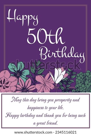 Happy 50 birthday text with flowers pattern on purple background. Fiftieth birthday, birthday party, well wishing and celebration concept digitally generated image.