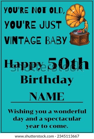 Happy 50 birthday text with gramophone on blue background. Fiftieth birthday, birthday party, well wishing and celebration concept digitally generated image.