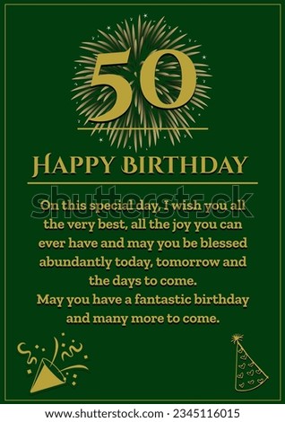 Happy 50 birthday text with pattern on green background. Fiftieth birthday, birthday party, well wishing and celebration concept digitally generated image.