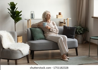 Happy 50s senior woman sit relax on sofa in living room look in distance thinking or dreaming, smiling elderly 60s grandmother rest at home enjoy tea or coffee, visualizing or pondering on weekend - Powered by Shutterstock