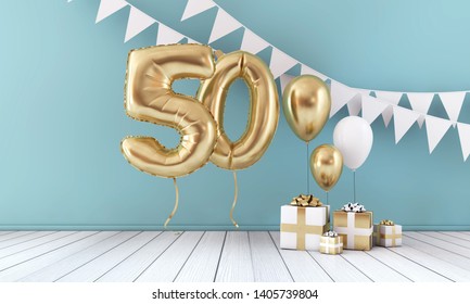 Happy 50th birthday party celebration balloon, bunting and gift box. 3D Render - Shutterstock ID 1405739804