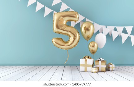 Happy 5th birthday party celebration balloon, bunting and gift box. 3D Render