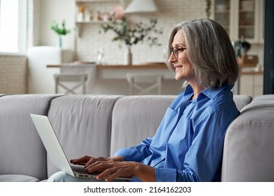 Happy 60s older mature middle aged adult woman holding laptop computer sitting on couch at home. Smiling beautiful elegant mature senior grey-haired lady using technology device in living room. - Powered by Shutterstock