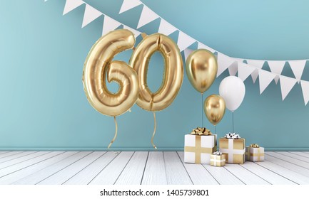 Happy 60th Birthday Party Celebration Balloon, Bunting And Gift Box. 3D Render