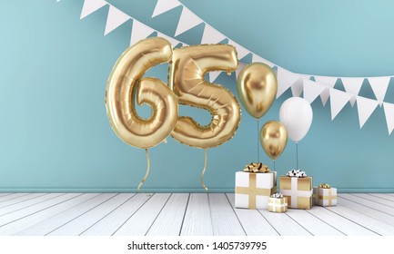 Happy 65th birthday party celebration balloon, bunting and gift box. 3D Render