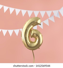 Happy 6th Birthday Party Celebration Gold Balloon And Bunting. 3D Render