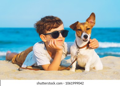 Happy 8 year old boy hugging his dog breed Jack Russell terrier at the seashore against a blue sky close up at sunset. Best friends rest and have fun on vacation, play in the sand against the sea