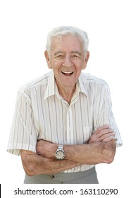 Happy 90 year old senior man standing isolated on white background