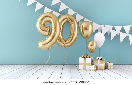 Happy 90th Birthday Party Celebration Balloon, Bunting And Gift Box. 3D Render