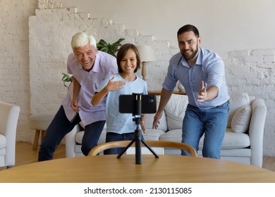 Happy Active Multi Generational Family Recording On Smartphone Their Dance Challenge For Social Media Platform, Sharing Videos Online, Having Fun Together At Home. Hobby, Vlogging, Modern Tech Concept