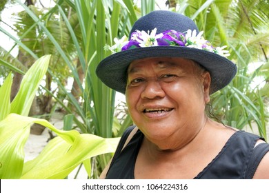 Happy Active Senior Polynesian Cook Islander Woman (female Age 60-70) Looking At Camera And Smile In Rarotonga, Cook Islands. Real People.  Copy Space