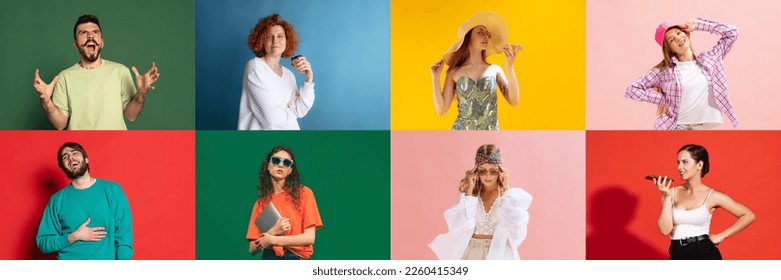 Happy active young people. Collage of portraits of excited boys and girls dancing, listening to music, having fun over multicolored background. Concept of emotions, fashion, beauty, ad. Employees. - Shutterstock ID 2260415349