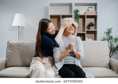 Happy adult Asian granddaughter and senior grandmother having fun enjoying talk sit on sofa in living room using a laptop, tablet bonding chatting relaxing - Powered by Shutterstock