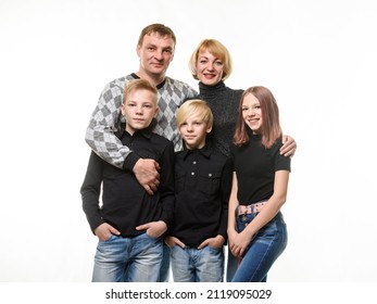 Happy Adult Large Family Of Slavic Appearance In Casual Clothes, Isolated On White Background