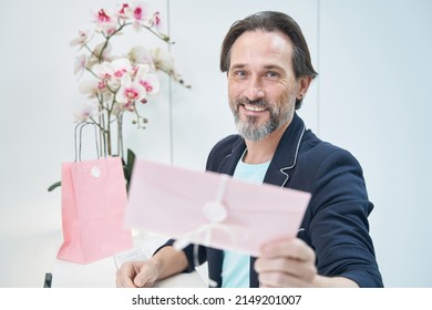 Happy Adult Male Person Holding Gift Card