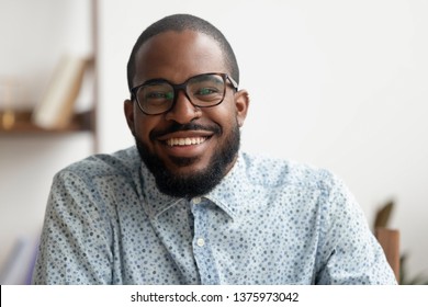 Happy African American Black Business Man Hr E Coach Smiling Talking Looking At Camera Webcam Making Conference Video Call, Online Job Interview, Shooting Blog Webinar, Head Shot Portrait