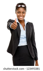 Happy African American business woman thumbs up isolated on white background