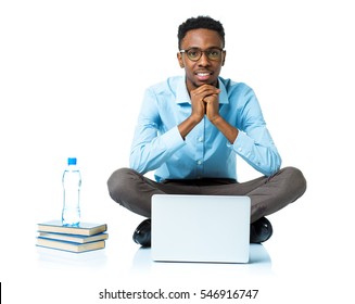 Happy African American College Student Sitting With Laptop On White Background