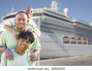 Happy African American Family In Front Of Cruise Ship.