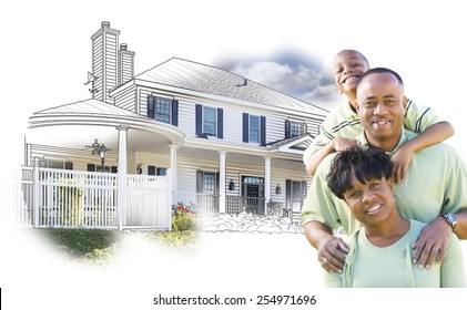 Happy African American Family Over House Drawing And Photo Combination On White.