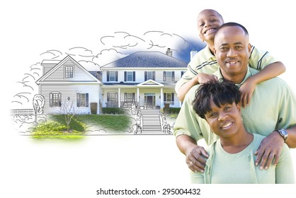 Happy African American Family Over House Drawing and Photo Combination on White.