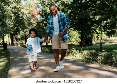 Happy African American Father Holding Hands With Son While Walking On Path In Park 