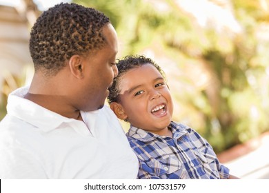 Happy African American Father And Mixed Race Son Talking In The Park.