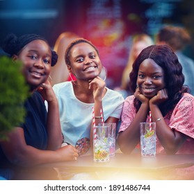 Happy African American Friends, Students Having Fun, Drinking Cocktails On A Summer Party