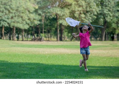 Happy African American girl running at green lawn with net in hand, little girl catching a butterfly with scoop-net, play on a beautiful summer vacation