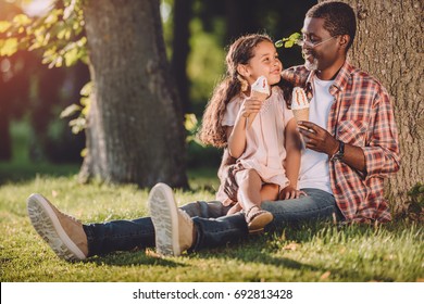 happy african american granddaughter and grandfather eating ice cream in cones while sitting on grass in park - Powered by Shutterstock