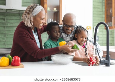 Happy african american grandparents and grandchildren washing vegetables in kitchen, slow motion. Food, cooking, home, family, togetherness, domestic life and lifestyle, unaltered. - Powered by Shutterstock