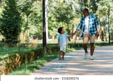 happy african american kid holding hands with handsome father while walking in park  - Powered by Shutterstock