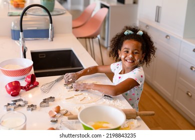 Happy African American Messy Girl Baking In Kitchen. Baking And Cooking, Childhood And Leisure Time At Home.