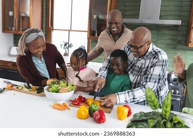 Happy african american multi generation family chopping vegetables in kitchen, slow motion. Food, cooking, home, family, togetherness, domestic life and lifestyle, unaltered. - Powered by Shutterstock