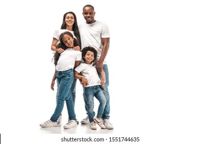 Happy African American Parents With Daughter And Son Smiling At Camera While Standing On White Background