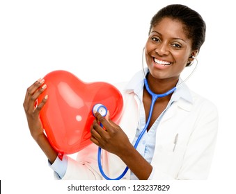 Happy African American Trusted Nurse Holding Red Heart Isolated On White Background