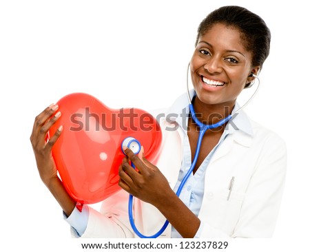 Happy African American trusted Nurse holding Red heart isolated on white background