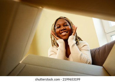 Happy African American Woman Looking Inside Of Box And Surprised Of Cute Pet