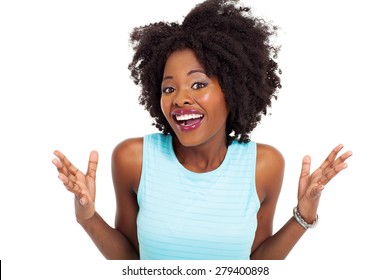 happy african american woman looking surprised on white