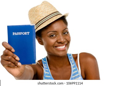 Happy African American Woman tourist holding passport on white background