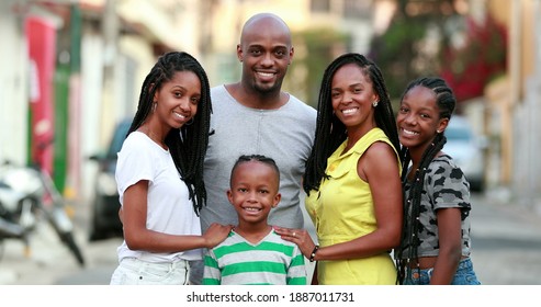 Happy African Family Portrait Standing For Photo Outside. Cheerful Black Parents And Children