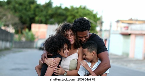 Happy African Family Portrait Standing For Photo Outside. Cheerful Black Parents And Children